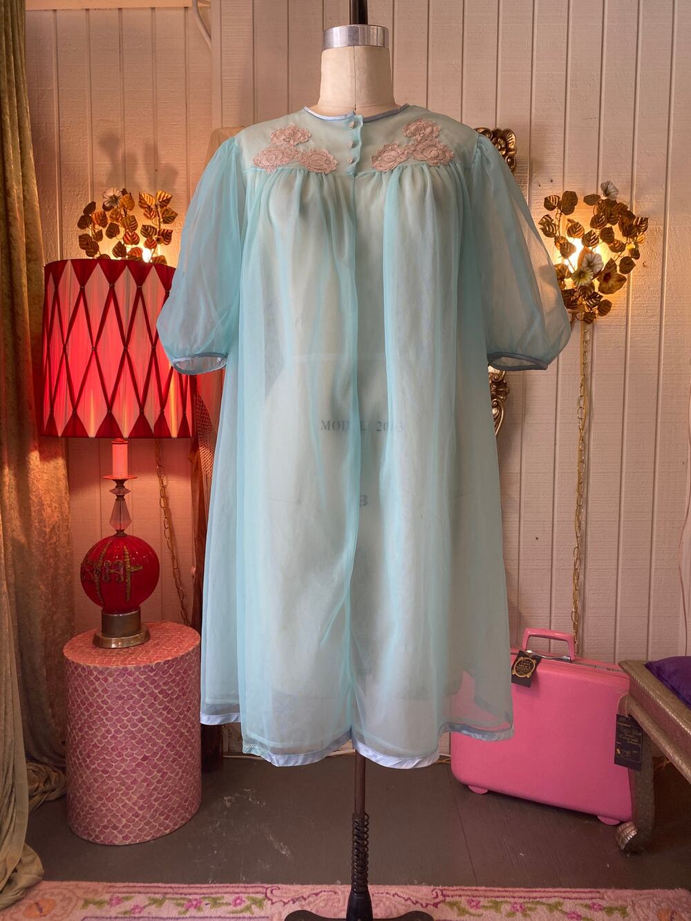 vintage 1960s sheer blue nightgown, puff sleeves, 60s peignoir, chiffon lingerie
